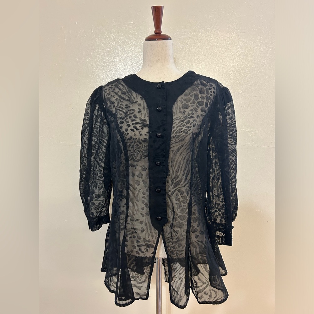 Schmeinck Black Animal Print Sheer Puff Sleeve Blouse with Bow Back